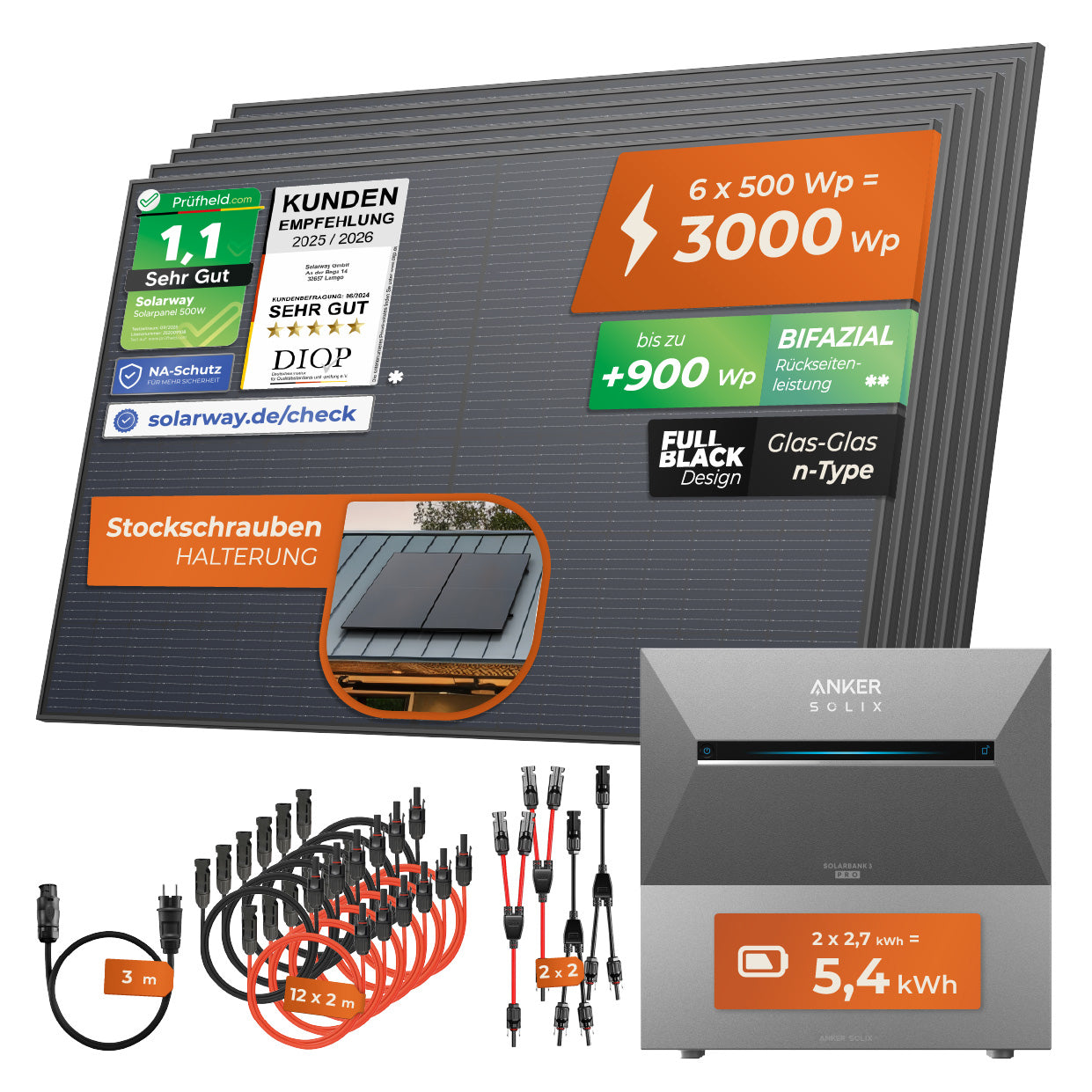 SOLARWAY Balkonkraftwerk 3000 Watt Pro | Anker SOLIX Solarbank 3 E2700 Pro 5,4 kWh Speicher
