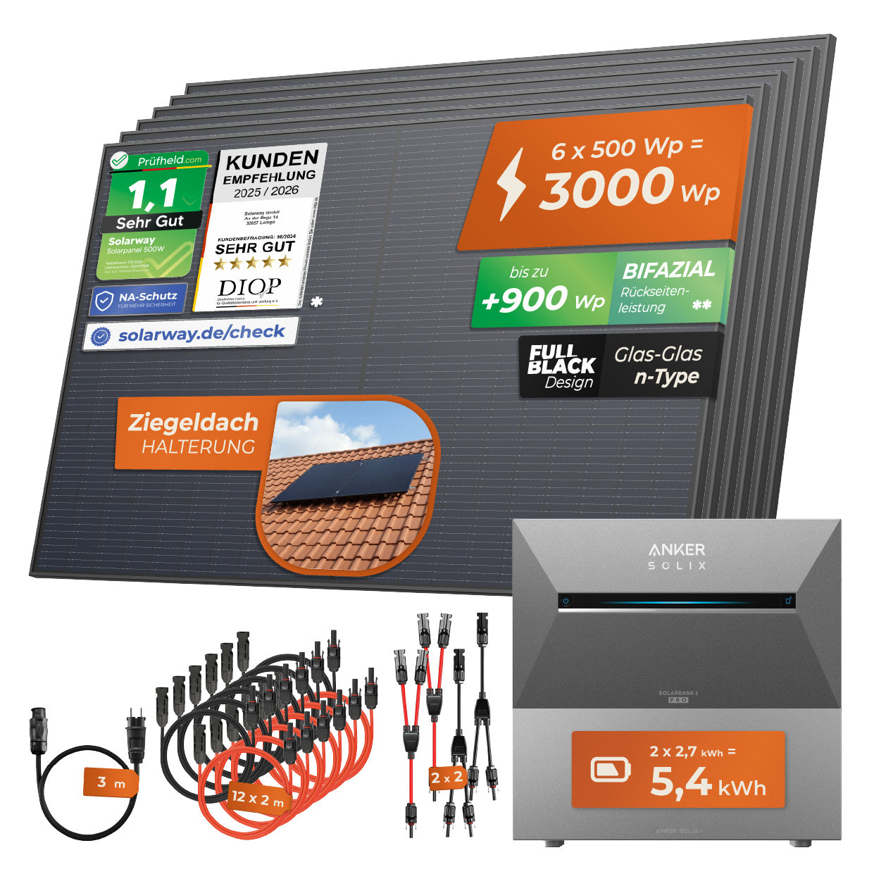SOLARWAY Balkonkraftwerk 3000 Watt Pro | Anker SOLIX Solarbank 3 E2700 Pro 5,4 kWh Speicher