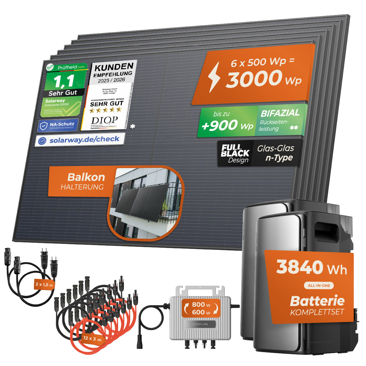 SOLARWAY Balkonkraftwerk 3000 Watt Ultra | EcoFlow STREAM Ultra 1920 Wh Batterie + EcoFlow STREAM AC Pro + EcoFlow STREAM