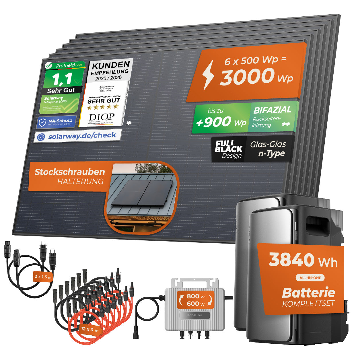 SOLARWAY Balkonkraftwerk 3000 Watt Ultra | EcoFlow STREAM Ultra 1920 Wh Batterie + EcoFlow STREAM AC Pro + EcoFlow STREAM
