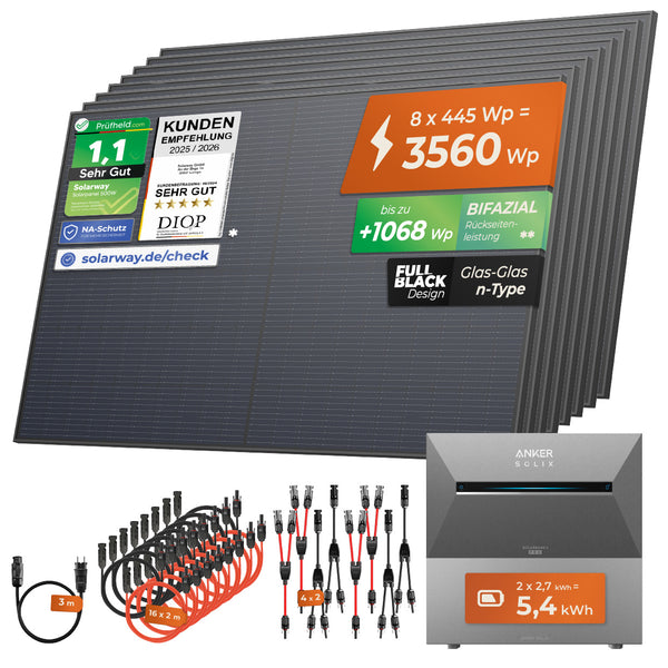 SOLARWAY Balkonkraftwerk 3560 Watt Pro | Anker SOLIX Solarbank 3 E2700 Pro 5,4 kWh Speicher - Solarway