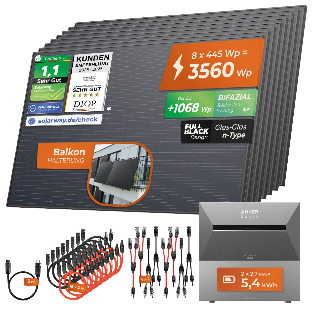 SOLARWAY Balkonkraftwerk 3560 Watt Pro | Anker SOLIX Solarbank 3 E2700 Pro 5,4 kWh Speicher