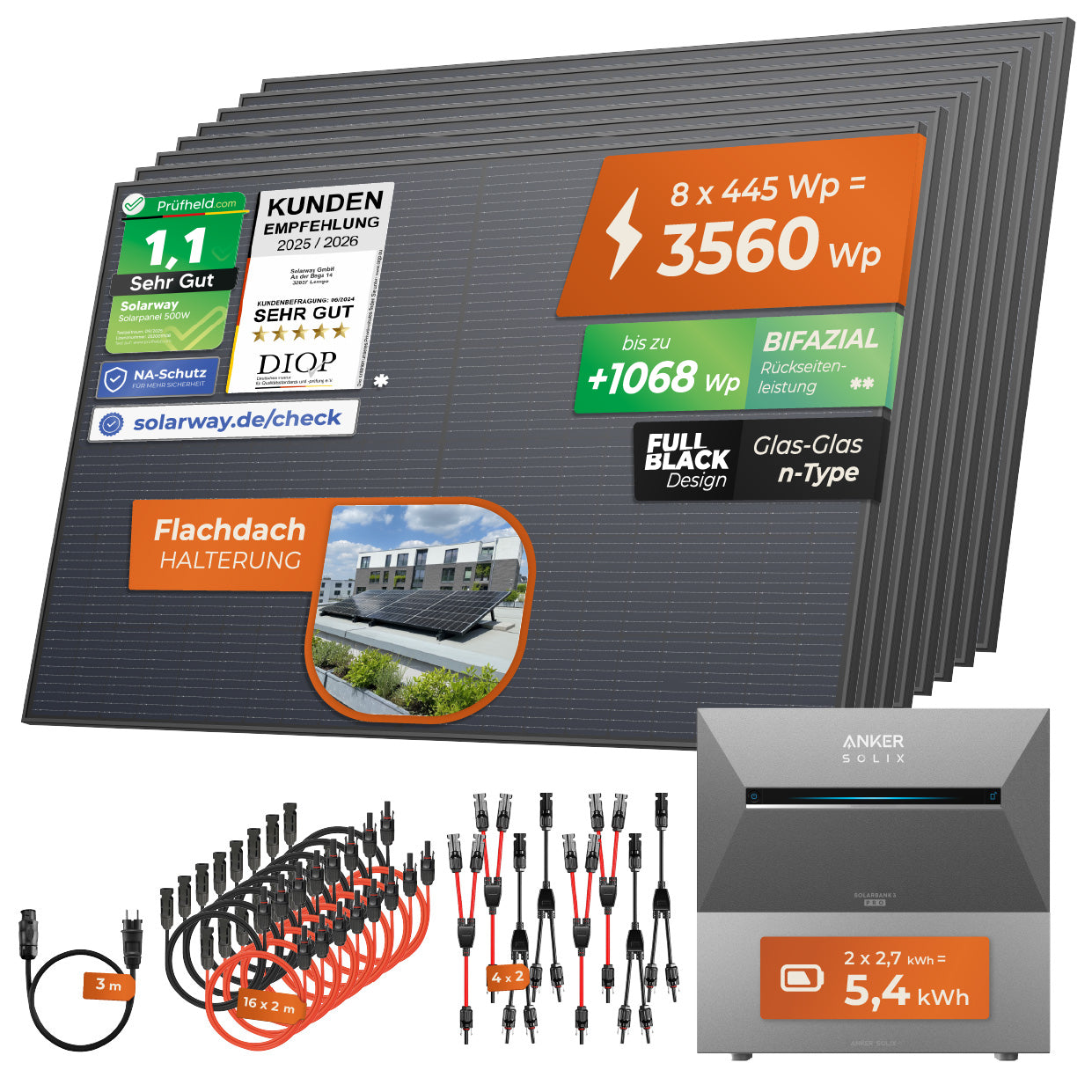 SOLARWAY Balkonkraftwerk 3560 Watt Pro | Anker SOLIX Solarbank 3 E2700 Pro 5,4 kWh Speicher