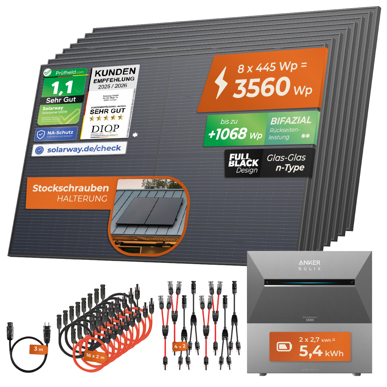 SOLARWAY Balkonkraftwerk 3560 Watt Pro | Anker SOLIX Solarbank 3 E2700 Pro 5,4 kWh Speicher