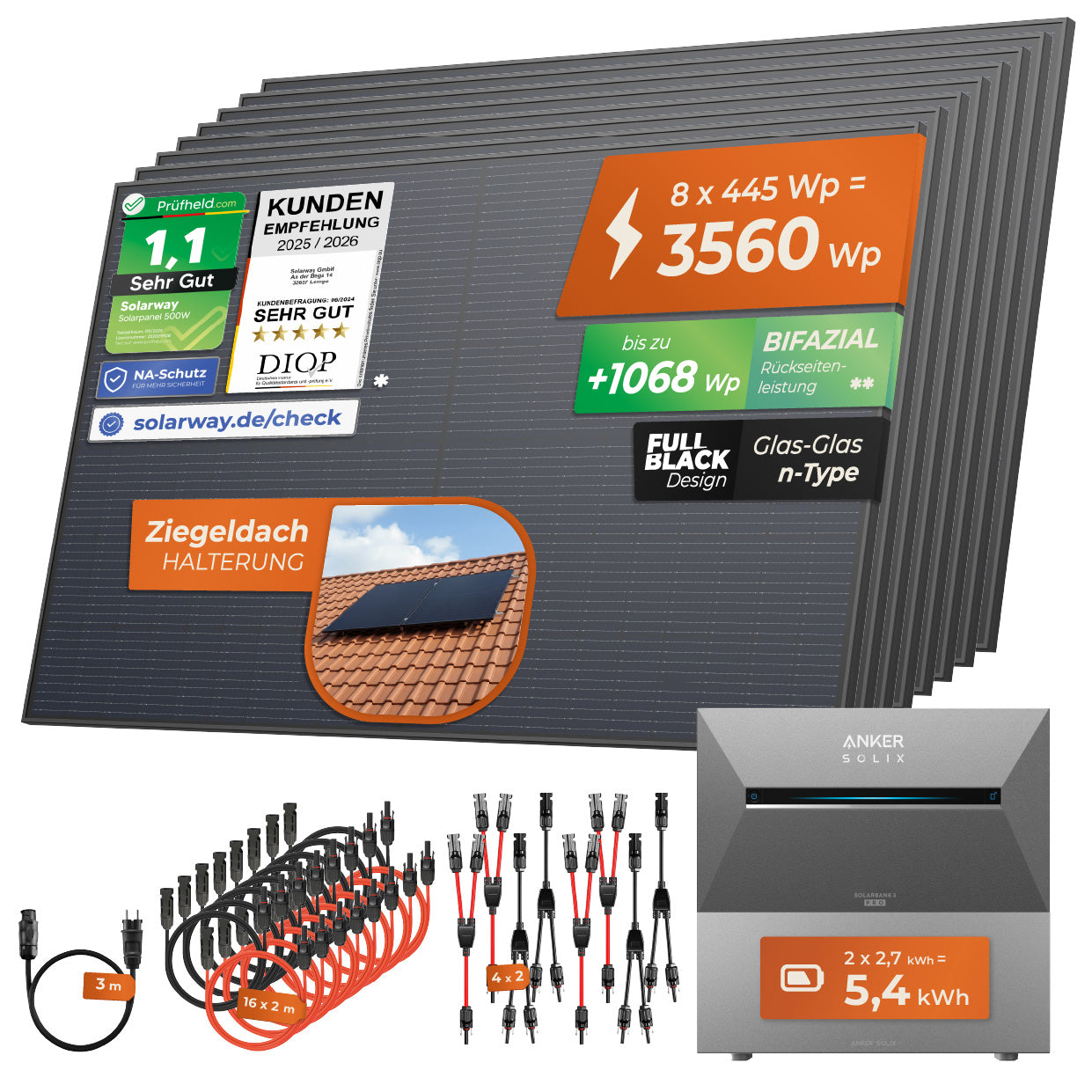 SOLARWAY Balkonkraftwerk 3560 Watt Pro | Anker SOLIX Solarbank 3 E2700 Pro 5,4 kWh Speicher