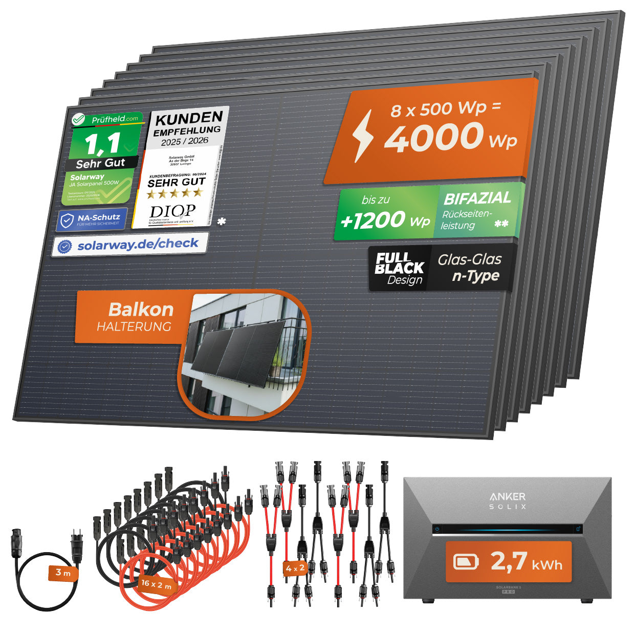 SOLARWAY Balkonkraftwerk 4000 Watt Pro | Anker SOLIX Solarbank 3 E2700 Pro 2,7 kWh Speicher