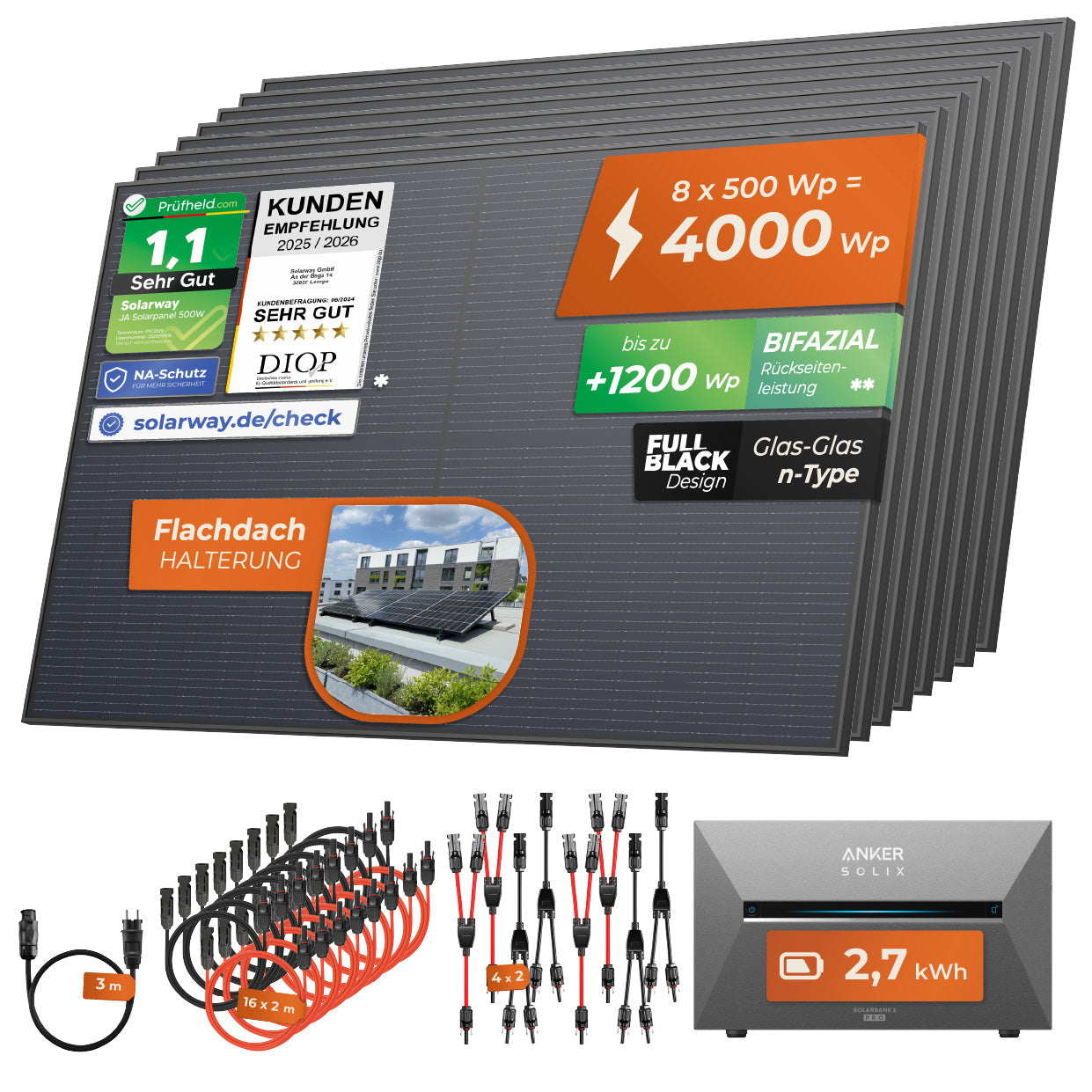 SOLARWAY Balkonkraftwerk 4000 Watt Pro | Anker SOLIX Solarbank 3 E2700 Pro 2,7 kWh Speicher