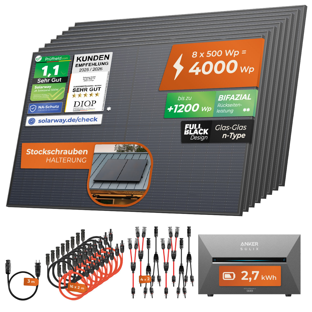SOLARWAY Balkonkraftwerk 4000 Watt Pro | Anker SOLIX Solarbank 3 E2700 Pro 2,7 kWh Speicher