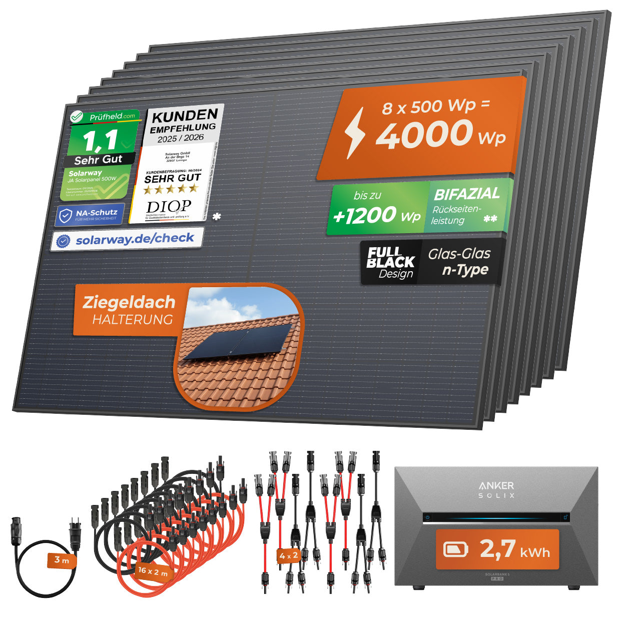 SOLARWAY Balkonkraftwerk 4000 Watt Pro | Anker SOLIX Solarbank 3 E2700 Pro 2,7 kWh Speicher