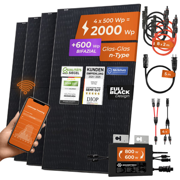 Balkonkraftwerk 4 x 500 Wp Bifazial | Envertech (800 W) - Stockschraubenhalterung - Solarway