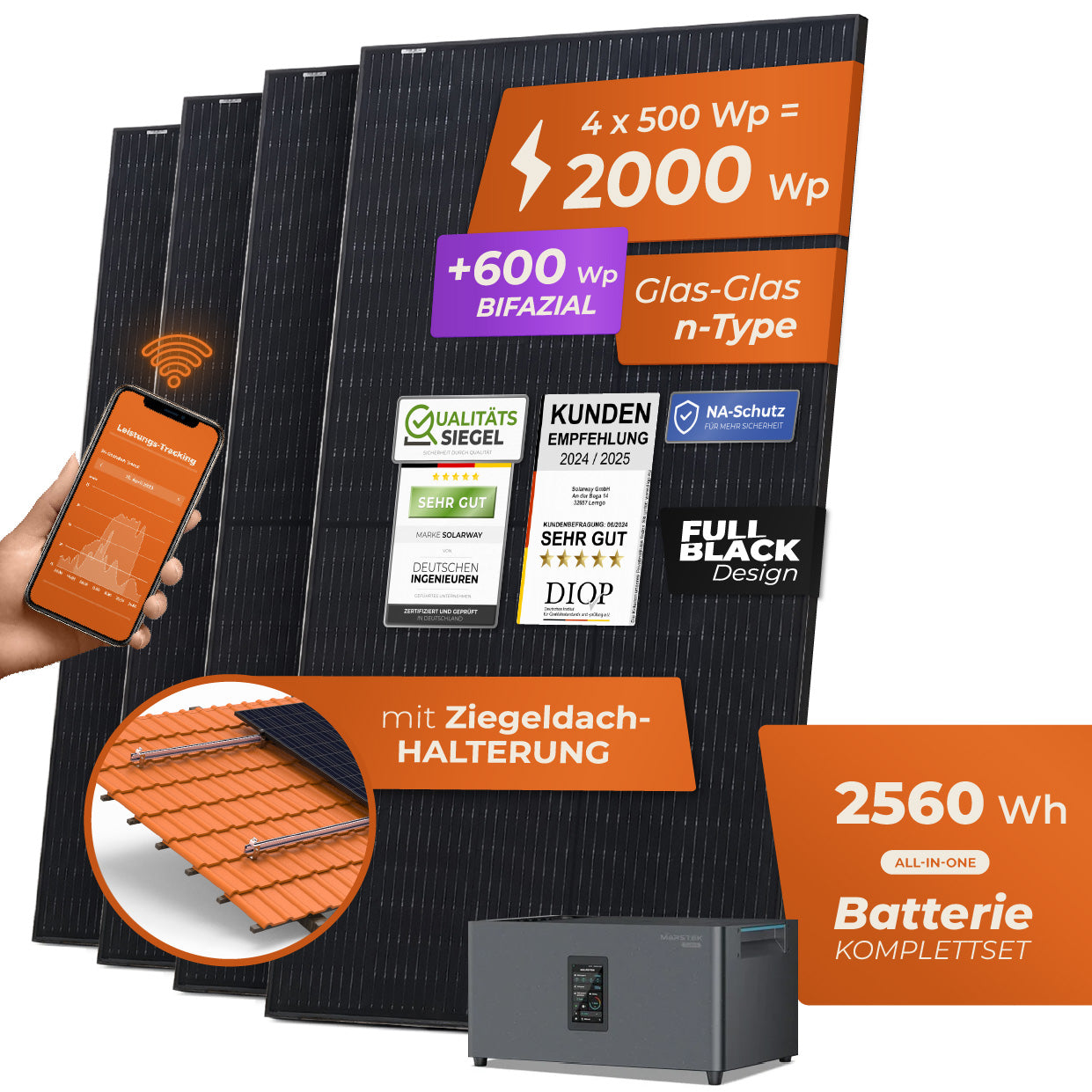 SOLARWAY Balkonkraftwerk 2000 Watt Plus | Marstek Jupiter C Plus 2560 Wh Batterie