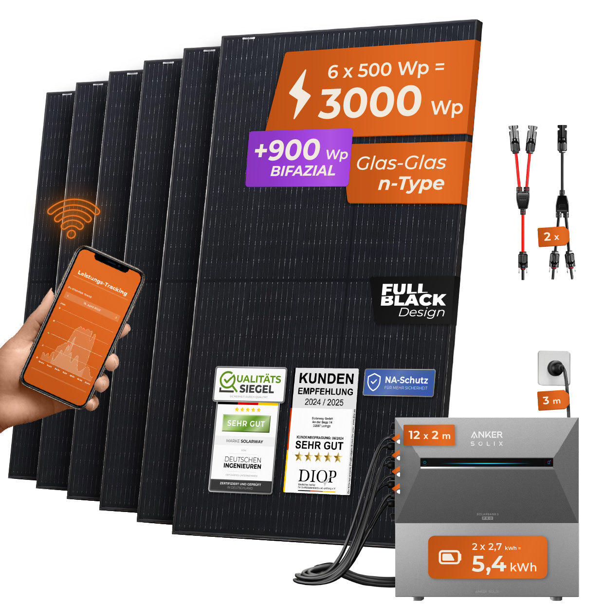 SOLARWAY Balkonkraftwerk 3000 Watt Pro | Anker SOLIX Solarbank 3 E2700 Pro 5,4 kWh Speicher