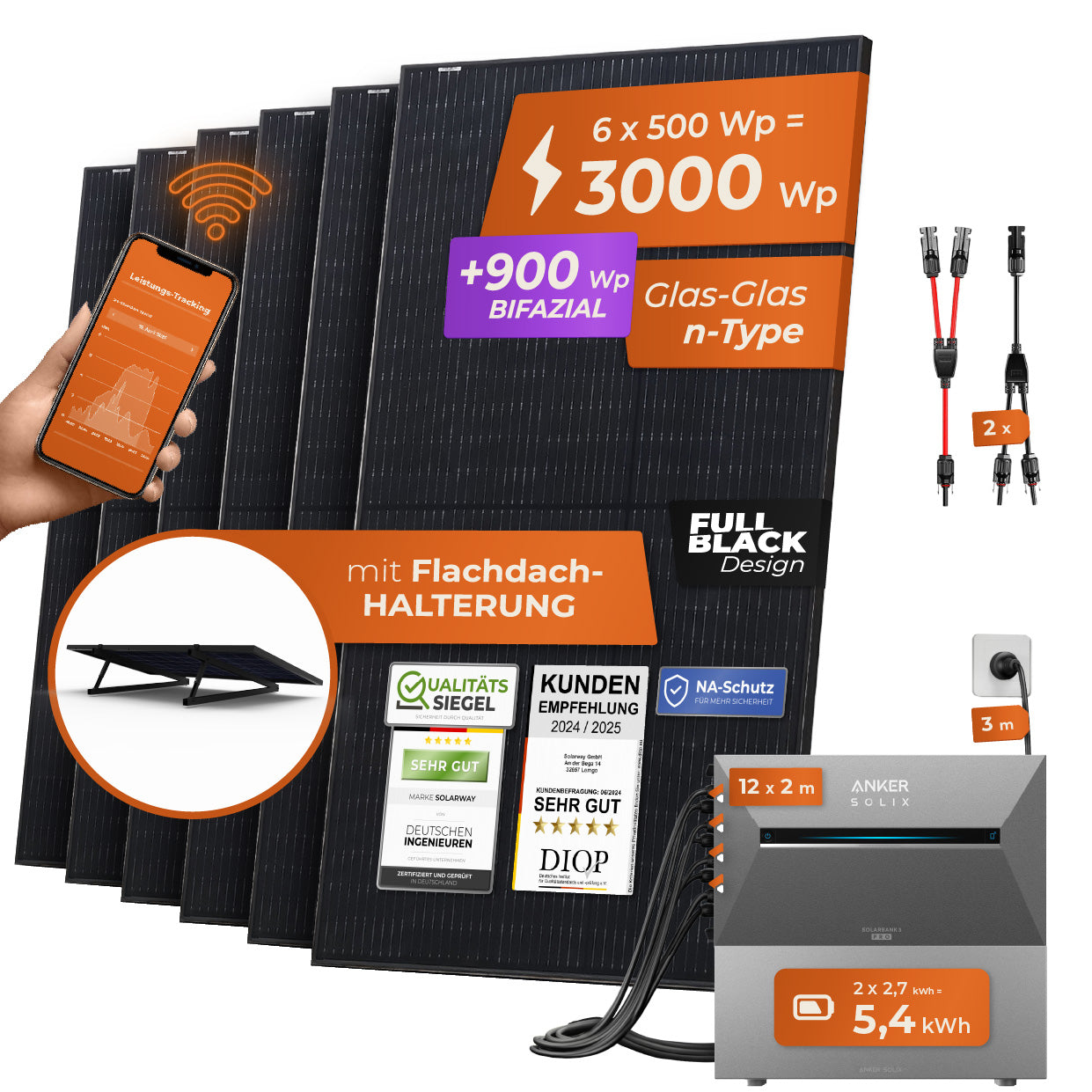 SOLARWAY Balkonkraftwerk 3000 Watt Pro | Anker SOLIX Solarbank 3 E2700 Pro 5,4 kWh Speicher