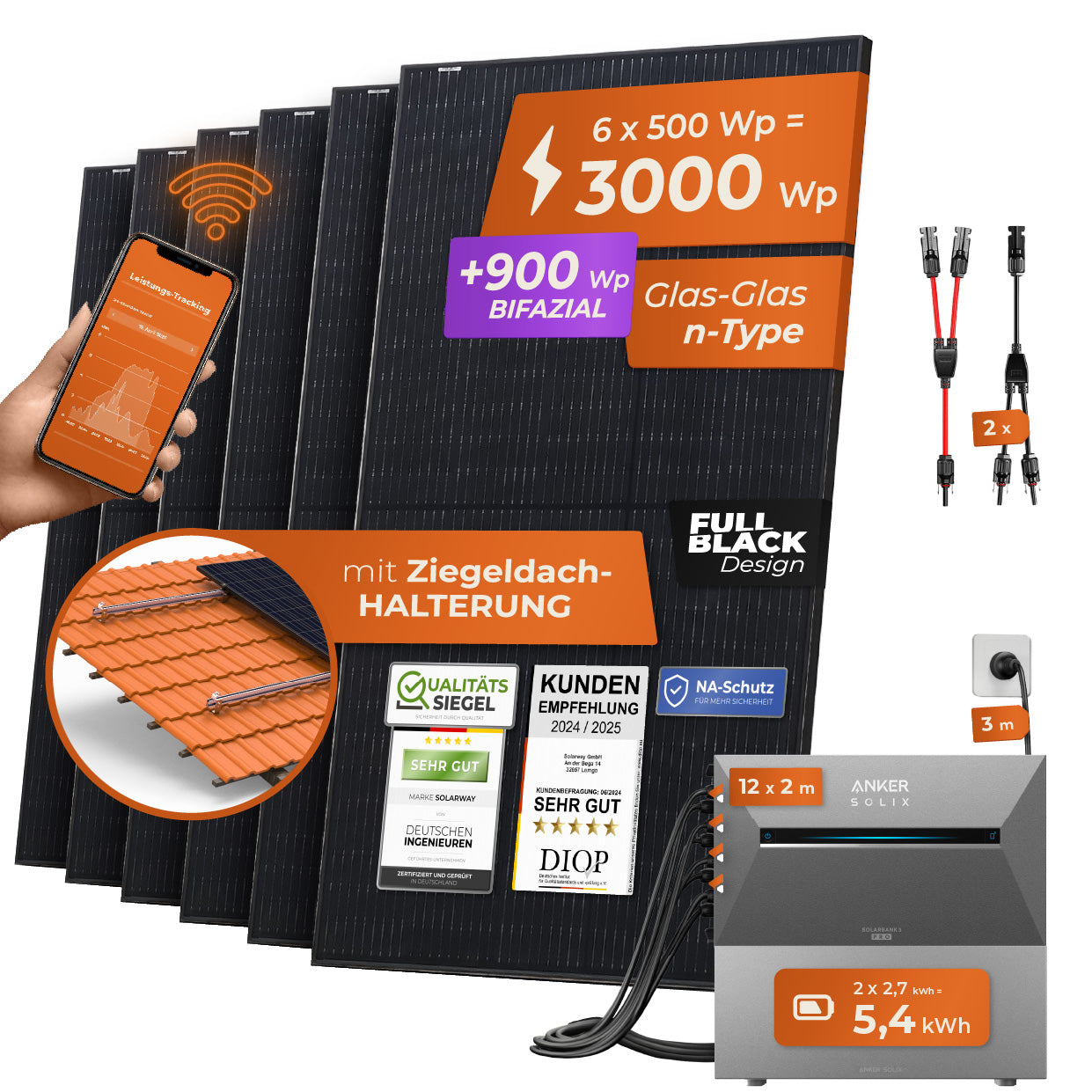 SOLARWAY Balkonkraftwerk 3000 Watt Pro | Anker SOLIX Solarbank 3 E2700 Pro 5,4 kWh Speicher