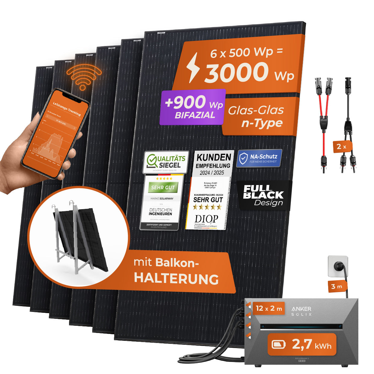 SOLARWAY Balkonkraftwerk 3000 Watt Pro | Anker SOLIX Solarbank 3 E2700 Pro 2,7 kWh Speicher