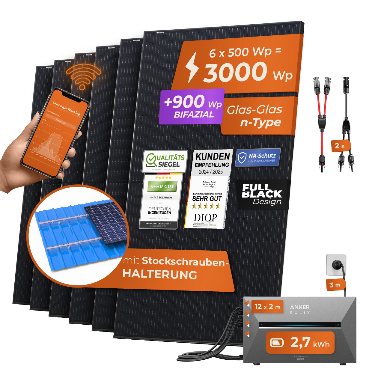 SOLARWAY Balkonkraftwerk 3000 Watt Pro | Anker SOLIX Solarbank 3 E2700 Pro 2,7 kWh Speicher
