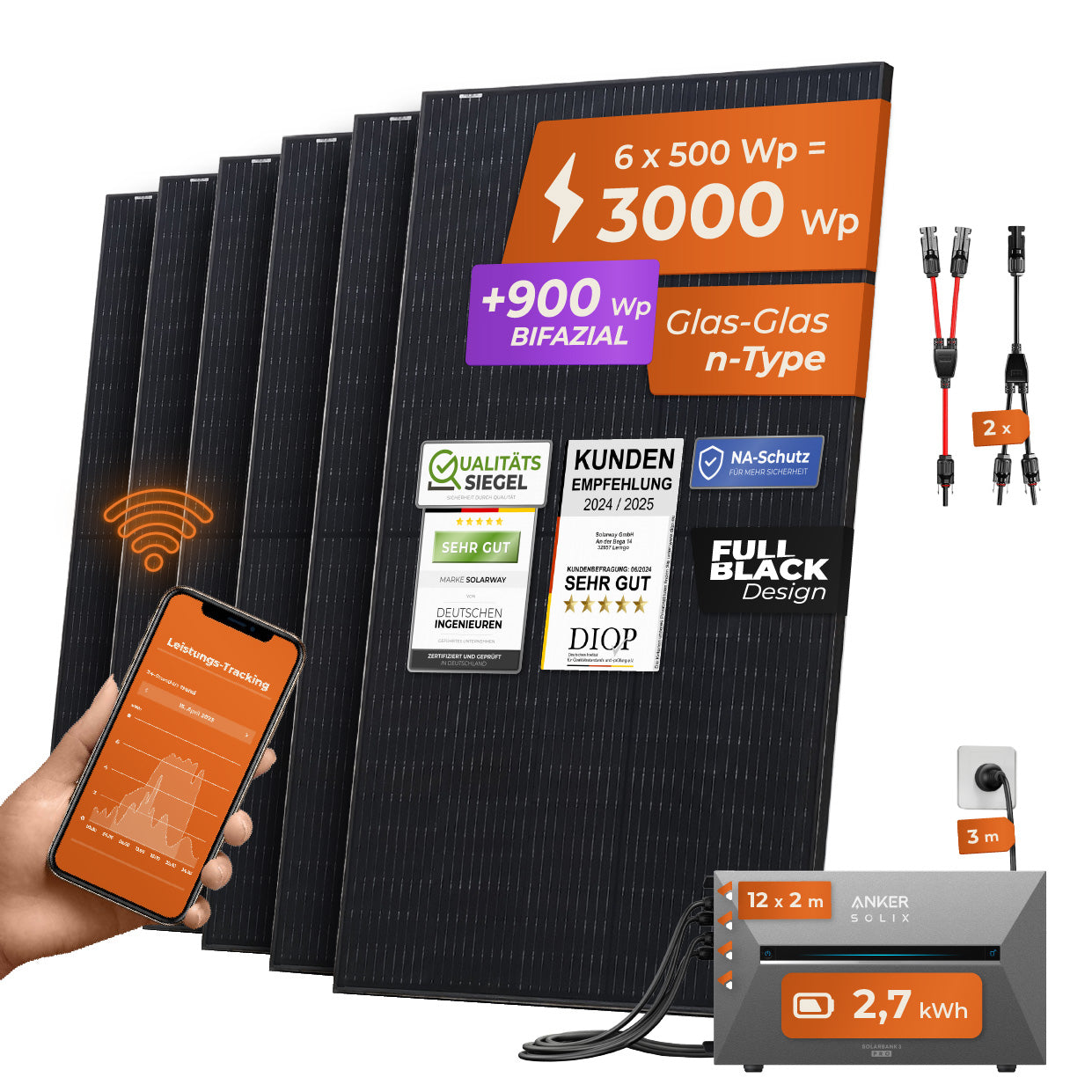 SOLARWAY Balkonkraftwerk 3000 Watt Pro | Anker SOLIX Solarbank 3 E2700 Pro 2,7 kWh Speicher