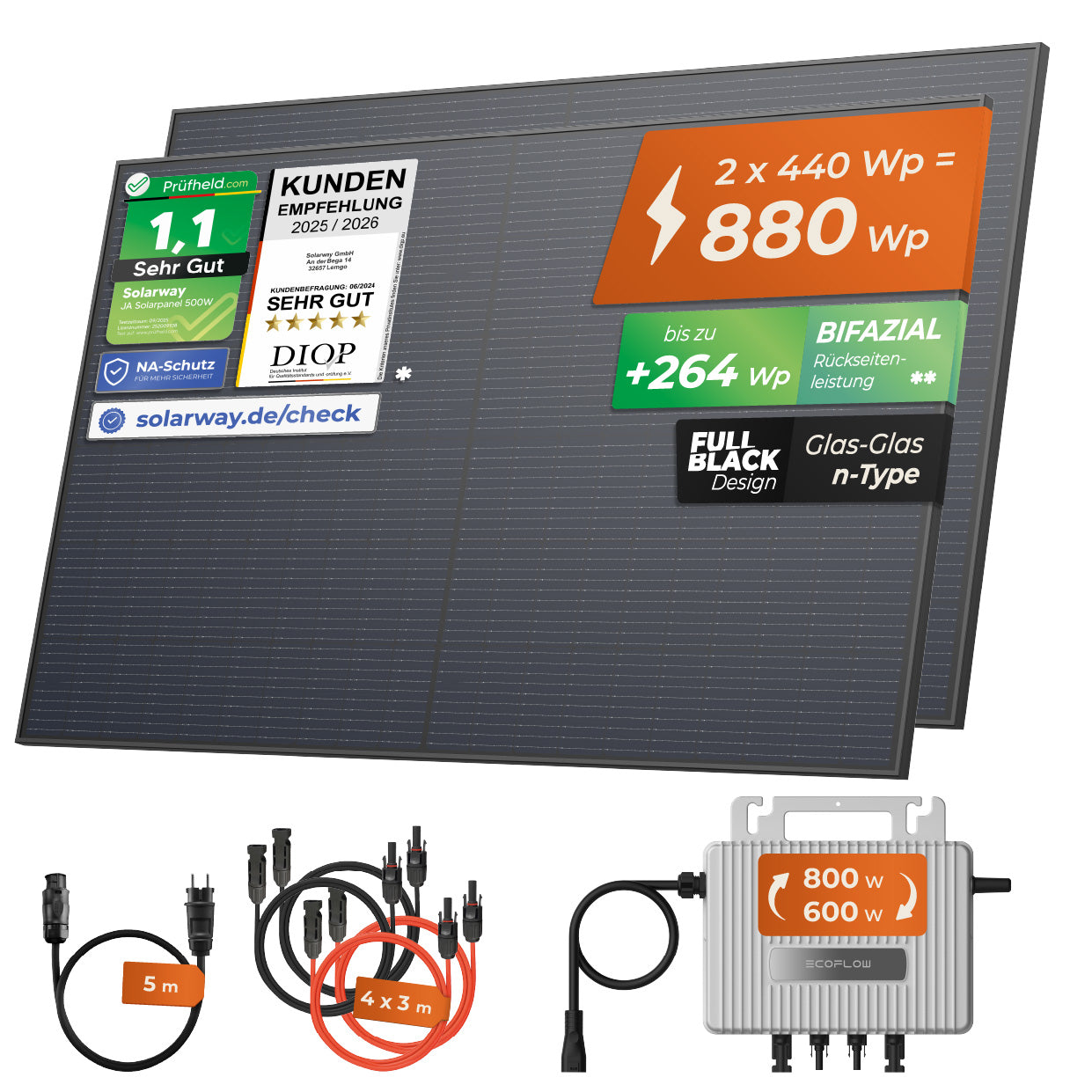 SOLARWAY Balkonkraftwerk 880 Watt | EcoFlow 600/800 Watt | Bifazial