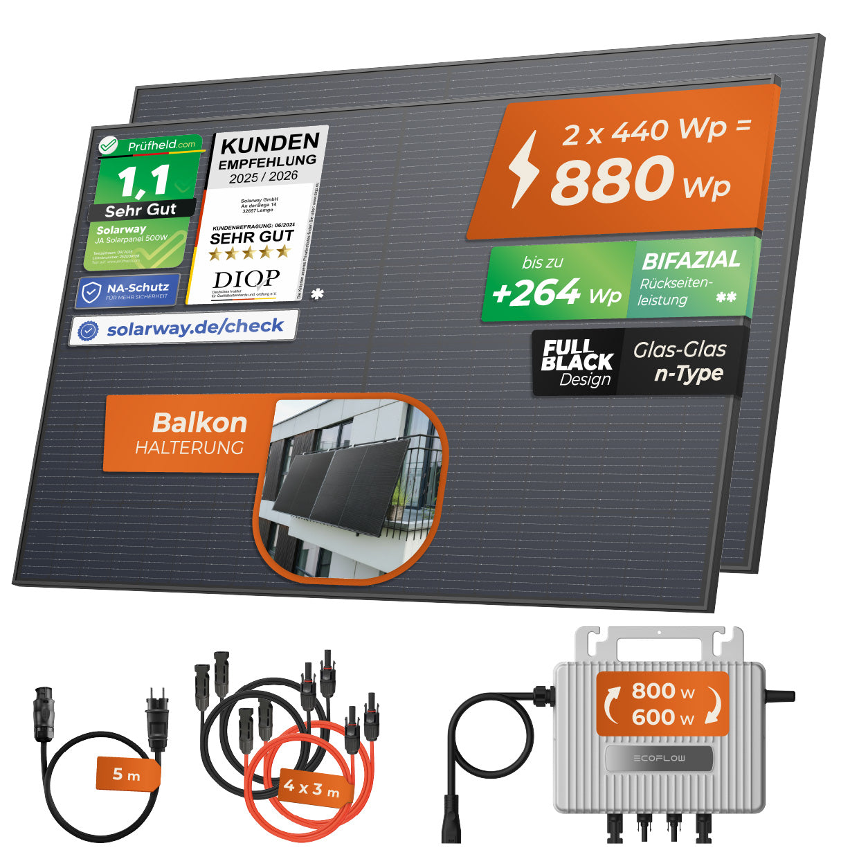 SOLARWAY Balkonkraftwerk 880 Watt | EcoFlow 600/800 Watt | Bifazial