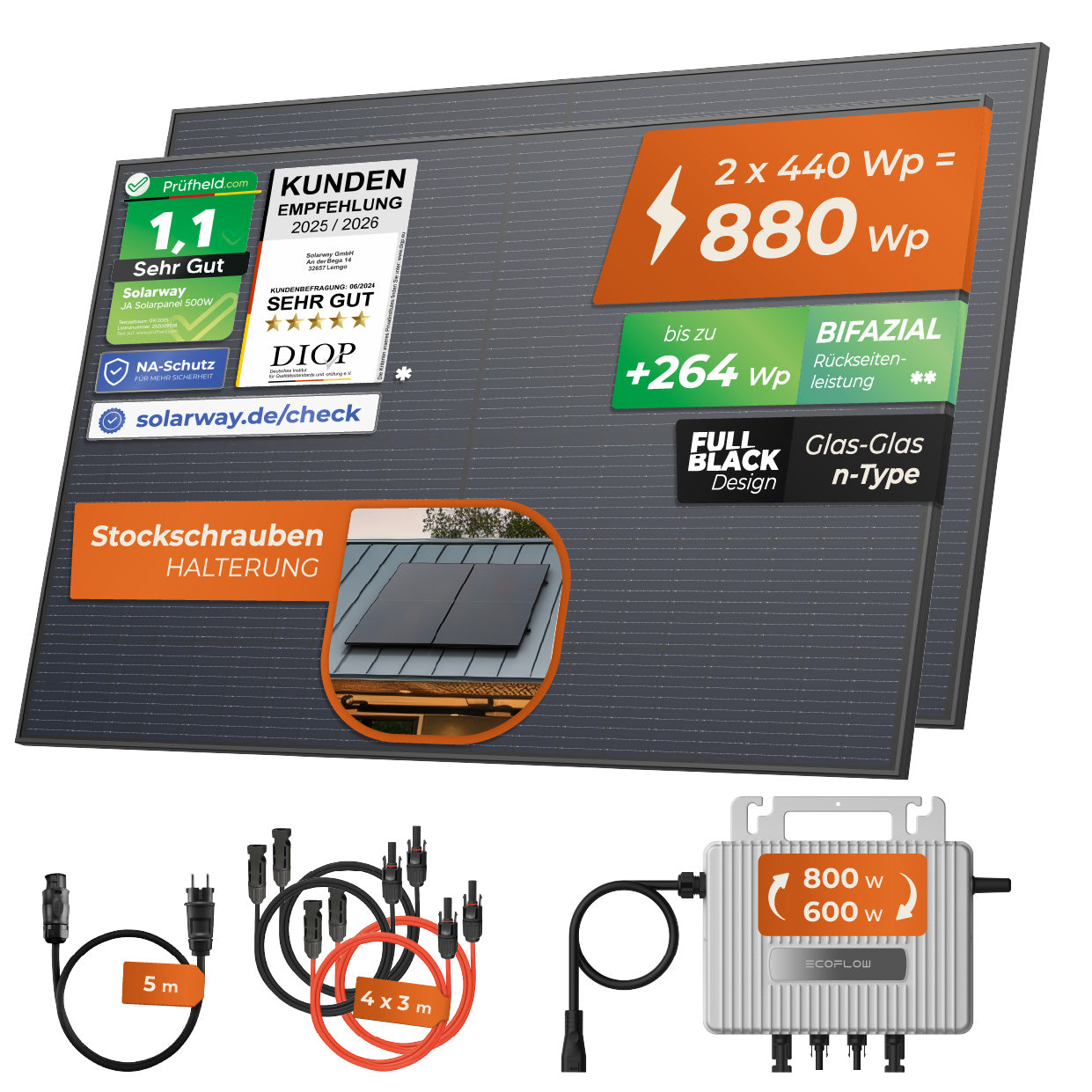 SOLARWAY Balkonkraftwerk 880 Watt | EcoFlow 600/800 Watt | Bifazial