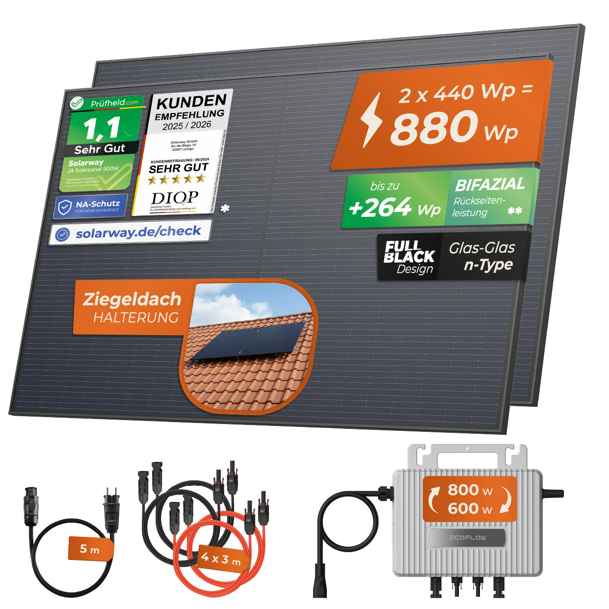 SOLARWAY Balkonkraftwerk 880 Watt | EcoFlow 600/800 Watt | Bifazial