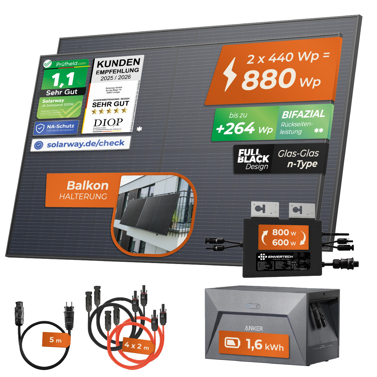 SOLARWAY Balkonkraftwerk 880 Watt | Anker SOLIX Solarbank 1 E1600 1,6 kWh Speicher