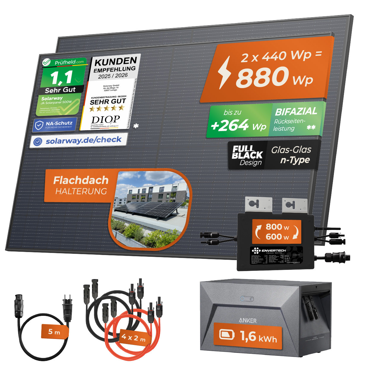 SOLARWAY Balkonkraftwerk 880 Watt | Anker SOLIX Solarbank 1 E1600 1,6 kWh Speicher