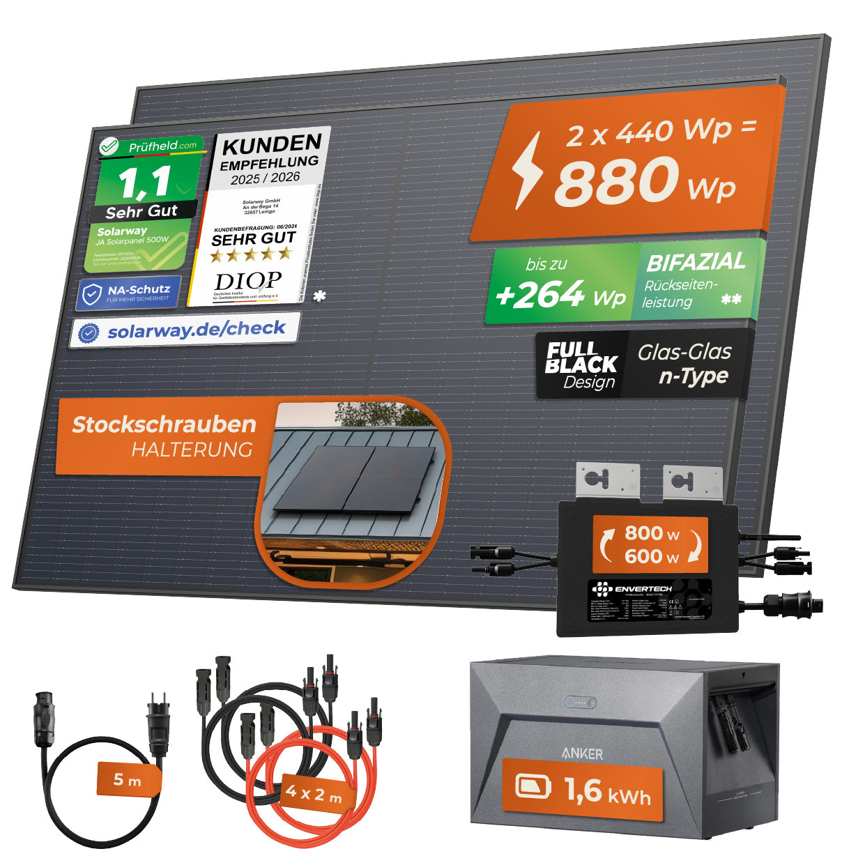 SOLARWAY Balkonkraftwerk 880 Watt | Anker SOLIX Solarbank 1 E1600 1,6 kWh Speicher