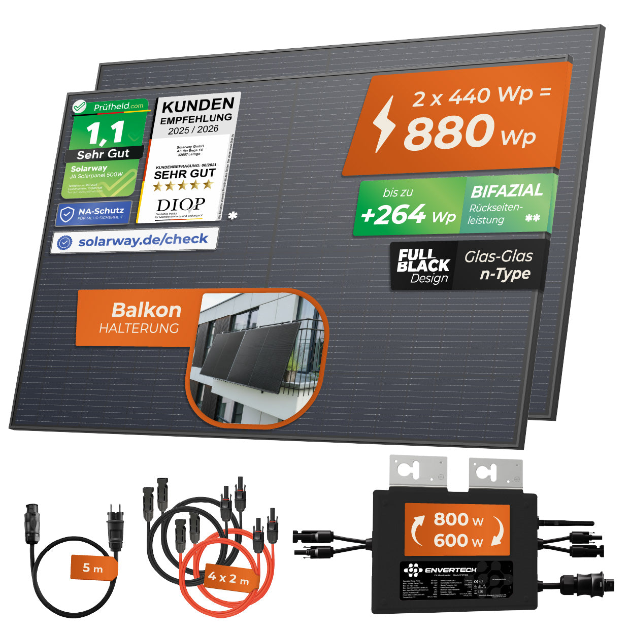 SOLARWAY Balkonkraftwerk 880 Watt | Envertech 600/800 Watt | Bifazial