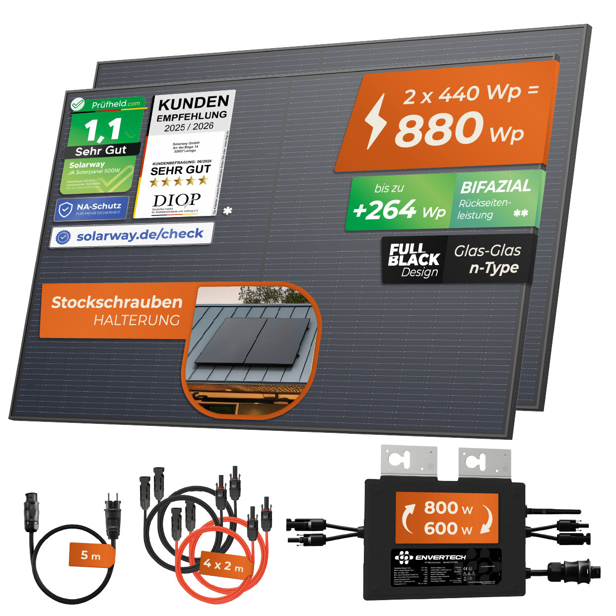 SOLARWAY Balkonkraftwerk 880 Watt | Envertech 600/800 Watt | Bifazial