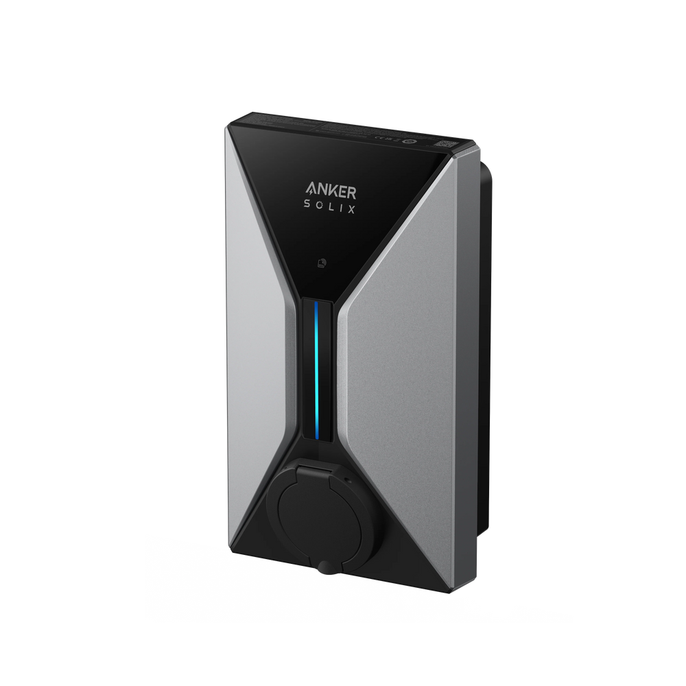 Anker SOLIX V1 Smart EV Charger Wallbox schräg von vorn, schwarz-silbernes Gehäuse mit blauer LED-Leiste und Ladesteckdose