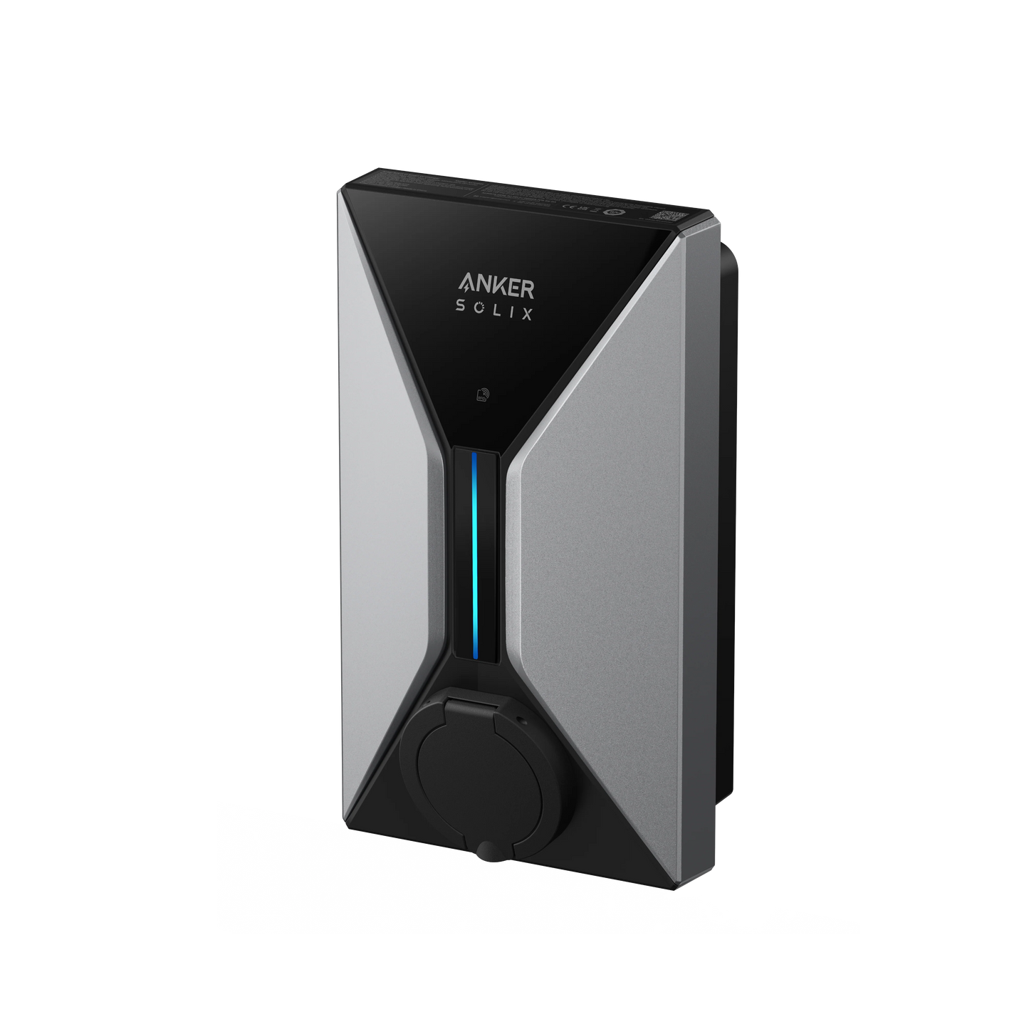 Anker SOLIX V1 Smart EV Charger Wallbox schräg von vorn, schwarz-silbernes Gehäuse mit blauer LED-Leiste und Ladesteckdose