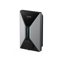 Anker SOLIX V1 Smart EV Charger Wallbox schräg von vorn, schwarz-silbernes Gehäuse mit blauer LED-Leiste und Ladesteckdose