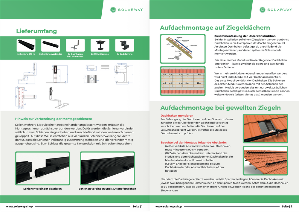 Solarway Balkonkraftwerk Ziegeldach Halterung für Solarpanel | Ziegeldach Befestigung für 2 Solarmodule vertikal Halterung Set | Schwarz