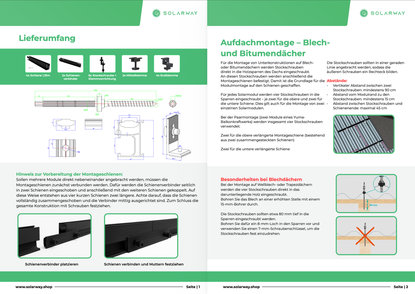 Solarway Balkonkraftwerk Stockschraube Halterung für Solarpanel | Blechdach, Holzdach, Welldach Befestigung für 2 Solarmodule vertikal Halterung Set | Schwarz