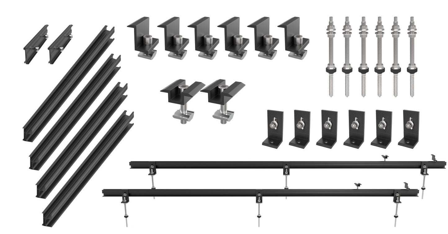 Solarway Balkonkraftwerk Stockschraube Halterung für Solarpanel | Blechdach, Holzdach, Welldach Befestigung für 2 Solarmodule vertikal Halterung Set | Schwarz