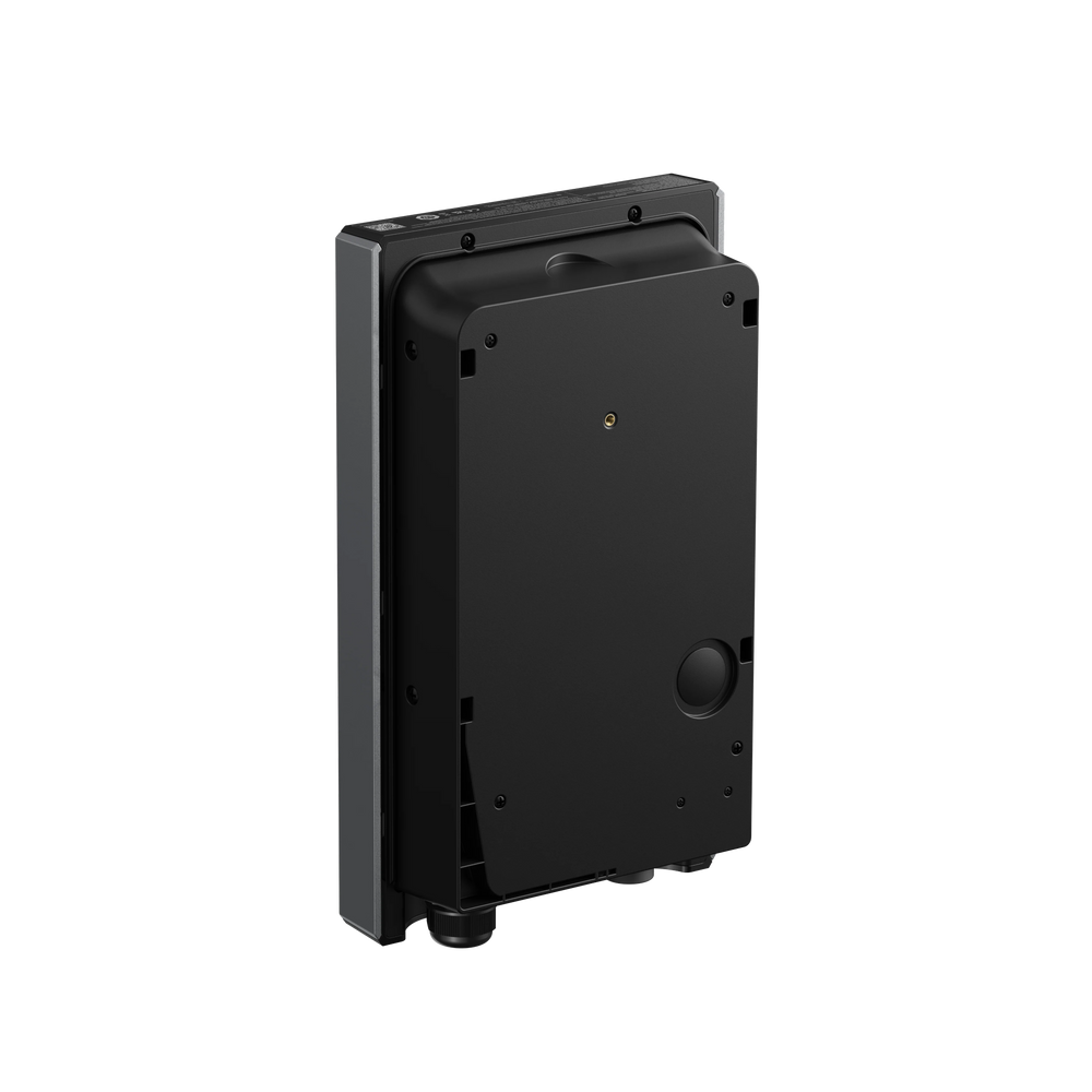 Anker SOLIX V1 Wallbox schräg von hinten, Montageplatte mit Kabeldurchführung und seitlichen Kühlrippen