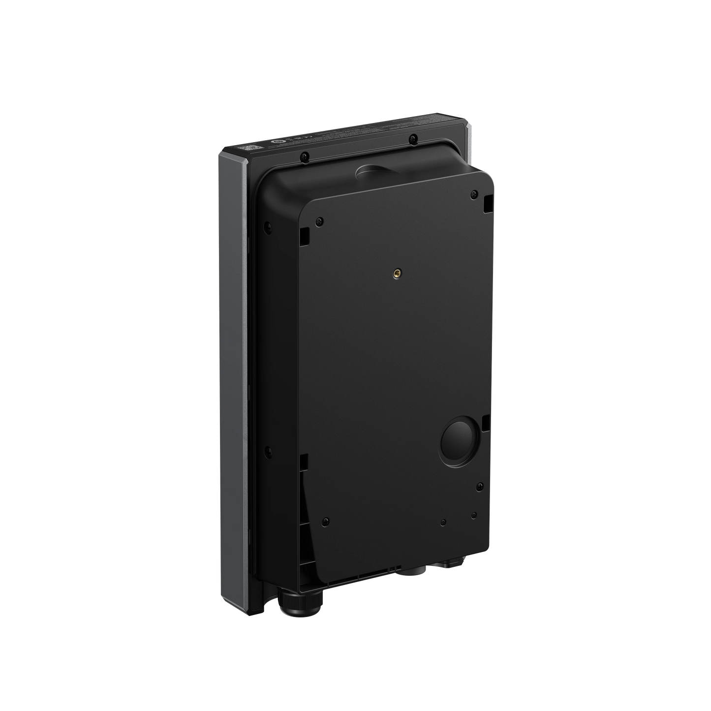 Anker SOLIX V1 Wallbox schräg von hinten, Montageplatte mit Kabeldurchführung und seitlichen Kühlrippen