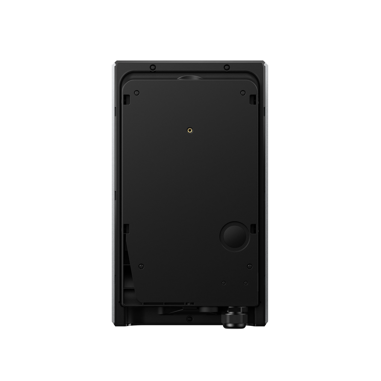 Rückseite der Anker SOLIX V1 Wallbox mit schwarzer Montageplatte, Schraubpunkten und Kabelverschraubung