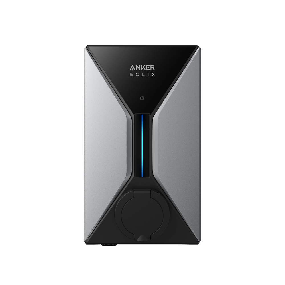 Anker SOLIX V1 Smart EV Charger Wallbox frontal, Anker SOLIX Logo, blaue LED-Leiste und verschlossene Ladesteckdose