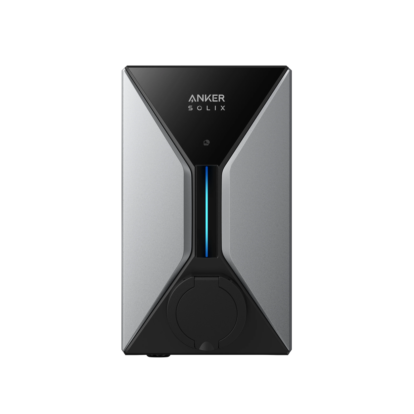 Anker SOLIX V1 Smart EV Charger Wallbox frontal, Anker SOLIX Logo, blaue LED-Leiste und verschlossene Ladesteckdose