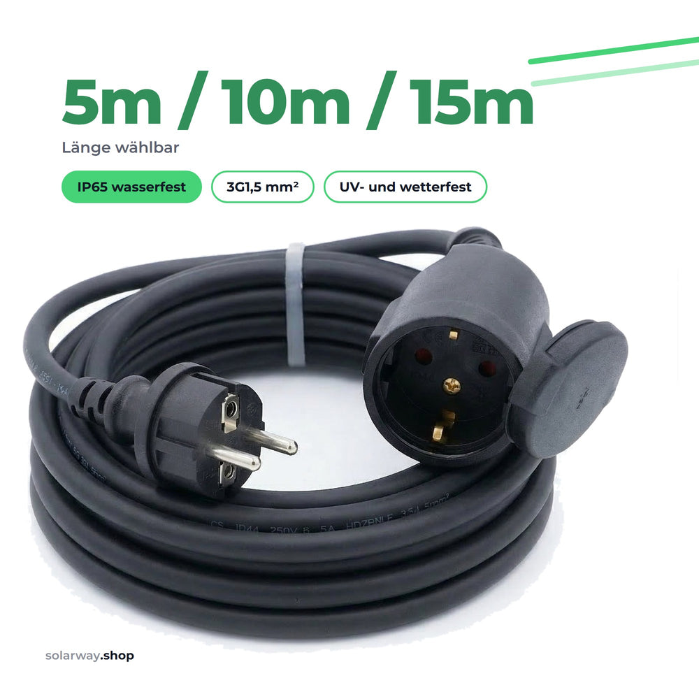 AC-Verlängerungskabel in 5 m, 10 m oder 15 m, IP65 wasserfest, 3G1,5 mm², UV- und wetterfest