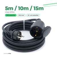 AC-Verlängerungskabel in 5 m, 10 m oder 15 m, IP65 wasserfest, 3G1,5 mm², UV- und wetterfest