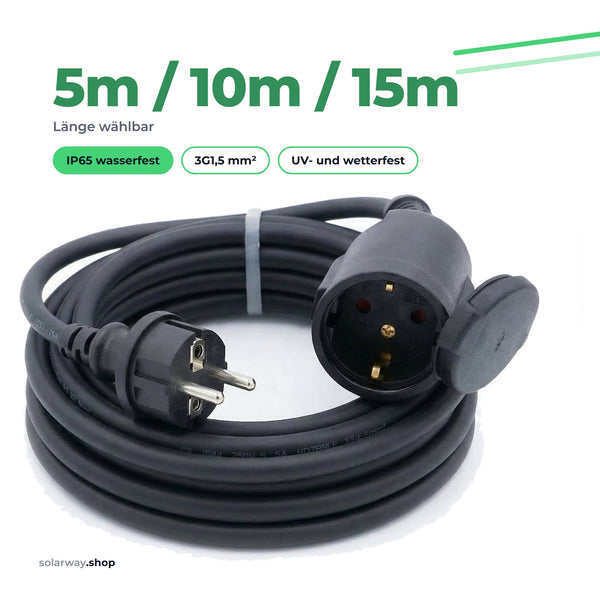 AC-Verlängerungskabel in 5 m, 10 m oder 15 m, IP65 wasserfest, 3G1,5 mm², UV- und wetterfest