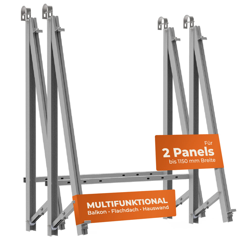 Balkonkraftwerk Halterung Geländer, Fassade und Flachdach Befestigung für 2 Solarmodule Halterung | Set | Neigungswinkel 10-30°