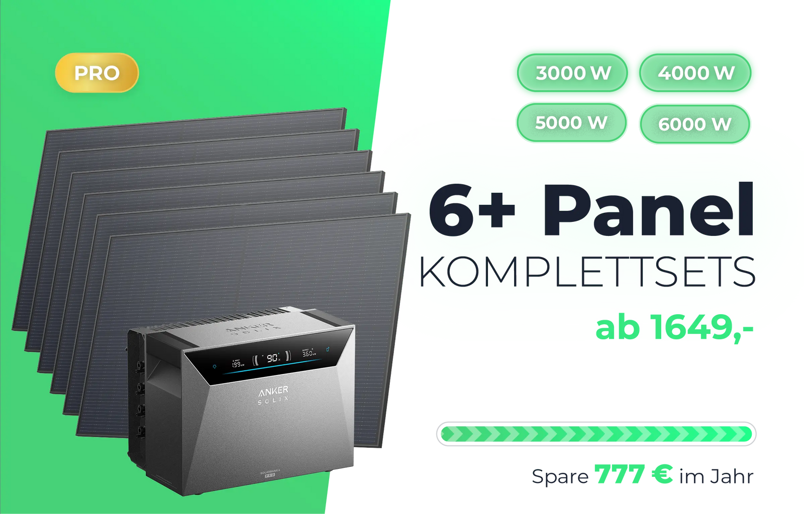 Balkonkraftwerk-Komplettset mit 6+ Solarmodulen und Anker SOLIX Solarbank Pro Speicher, wählbare Leistung 3000W bis 6000W