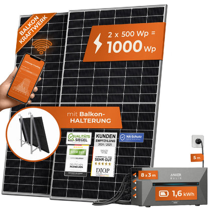 SOLARWAY Balkonkraftwerk 1000 Watt | Anker SOLIX Solarbank 2 E1600 Pro 1,6 kWh Speicher