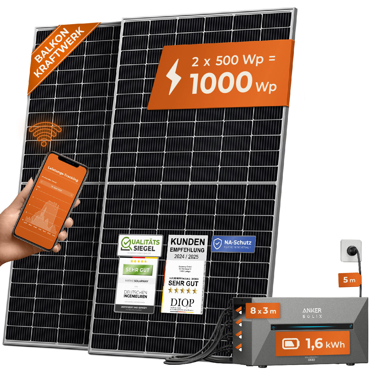 SOLARWAY Balkonkraftwerk 1000 Watt | Anker SOLIX Solarbank 2 E1600 Pro 1,6 kWh Speicher