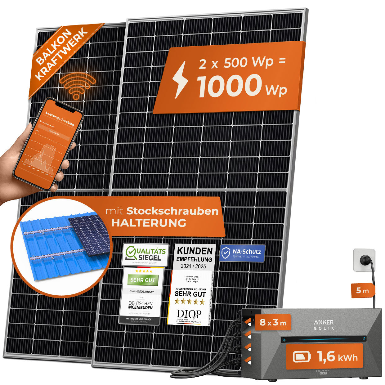 SOLARWAY Balkonkraftwerk 1000 Watt | Anker SOLIX Solarbank 2 E1600 Pro 1,6 kWh Speicher