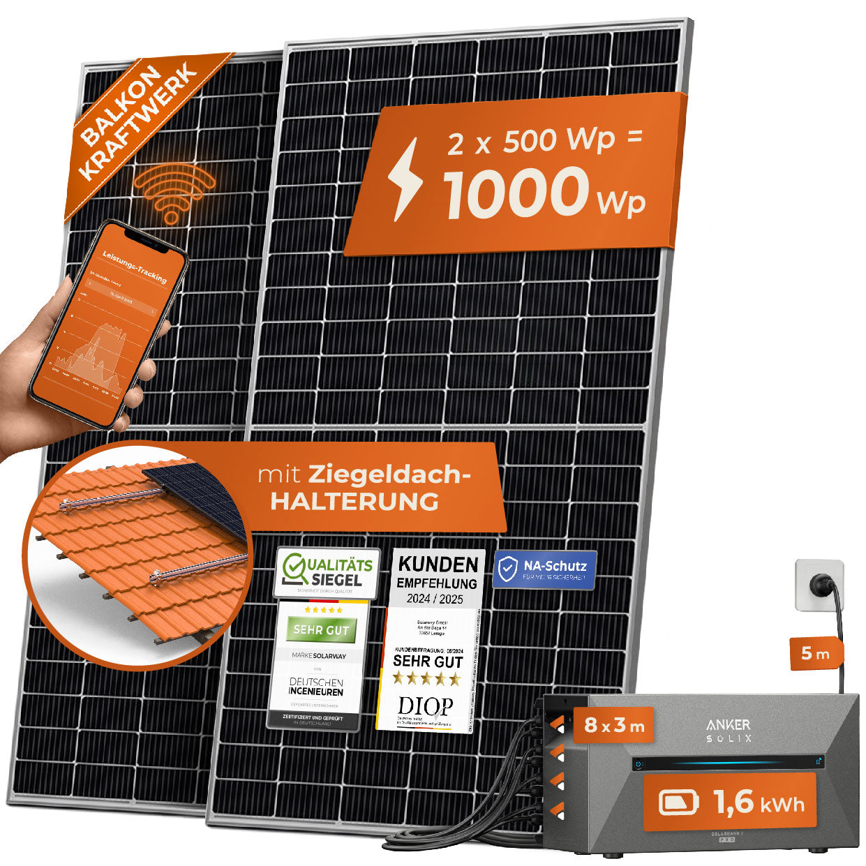 SOLARWAY Balkonkraftwerk 1000 Watt | Anker SOLIX Solarbank 2 E1600 Pro 1,6 kWh Speicher